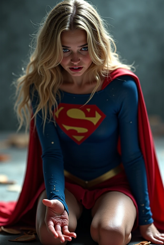 (((De primerísimo primer plano una hermosa mujer yelling cabello rubio largo Charlize Theron bajo el manto de la Kryptoniana Kara zor-El alias Supergirl))),(((yelling de dolor))),(((Blue leather suit with tiny scales on the suit))),(((Red skirt Supergirl emblem on her costume))),(((Silver metal bracelets on their wrists))),(((Long red boots up to her knees))),(((On knees (((yelling))) mortally wounded (((Blood on his chest))),(((Green flourescent kryptonite on the wound))),(((Blood around skulls in cemetery))),(((Green flourescent magic running through all the veins of his body))),(((yelling de dolor))),(((Green flourescent magic around his entire body)))