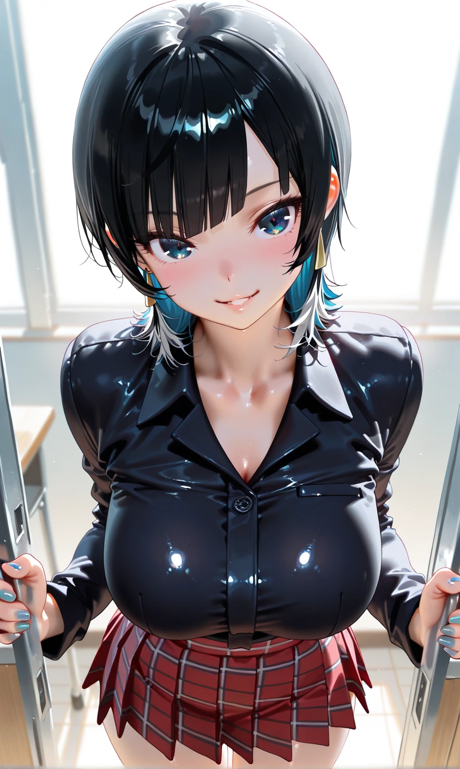 (best quality,highres:1.2),ultra-detailed,(realistic:1.37)
sexy(short black hair:1.1) office lady(showing confidence:1.1), (elegant:1.1),(attractive:1.1)
wearing (tight-fitting:1.1), (sophisticated:1.1) attire,(fitted:1.1) suit
with (revealing:1.1) cleavage,(beautiful detailed eyes:1.1) and (seductive:1.1) lips
having spilled (clear:0.9) water all over her,
wet (glossy:1.1) panyhose (running along her legs:1.1),wet (shiny:1.1) heels(looking wet:1.1)
reflection (intensifying the shine:1.1) on (tight:1.1) clothes
embarrassed(short of breath:1.1),(awkwardly:1.1) (glancing:1.1) at camera,
holding (transparent:1.1) cup,(water dripping:1.1), (wet hair:1.1), (wet clothes:1.1)
(blurry:0.9) background with (colorful office supplies:1.1) and (modern:1.1) furniture
(photo-realistic:1.37) portraits，(high contrast:1.1) black and white color tones
(dramatic:1.1) lighting, casting (shadows:1.1) on her face,
(vivid colors for clothes:1.1),(soft lighting:1.1) on her body