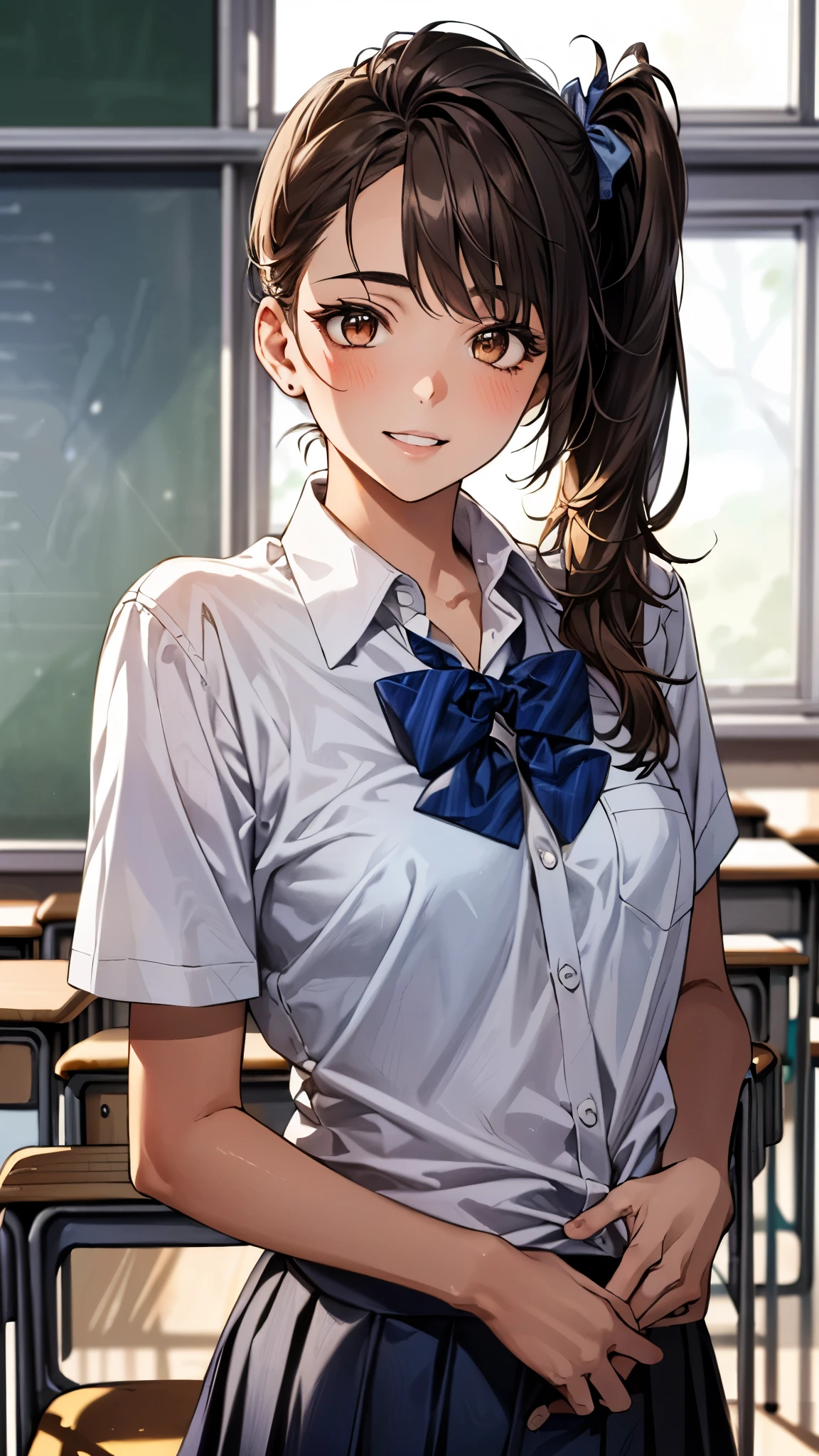 ((Tabletop, highest quality, High resolution, Hmph, Pixel Perfect, 4K, Hmph, Hmph))), One Girl, single, alone, beauty、The whole body is visible、 ((Mid-wave hair, bangs, Brown Hair)), ((Brown eyes, Beautiful eyelashes, Realistic eyes)), ((Detailed face, Blushing:1.2)), ((Smooth texture:0.75, Realistic texture:0.65, Realistic:1.1, Anime CG Style)), Mid-chest, Dynamic Angle, Perfect body, ((Red bow tie, , , White shirt, Black plaid skirt)), classroom、、Very embarrassing panic smile, 、、(The wind flipped up her skirt, Exposing your buttocks....................、Flip up your skirt with both hands、Her white and pink floral lace panties are completely visible)、Angle from below