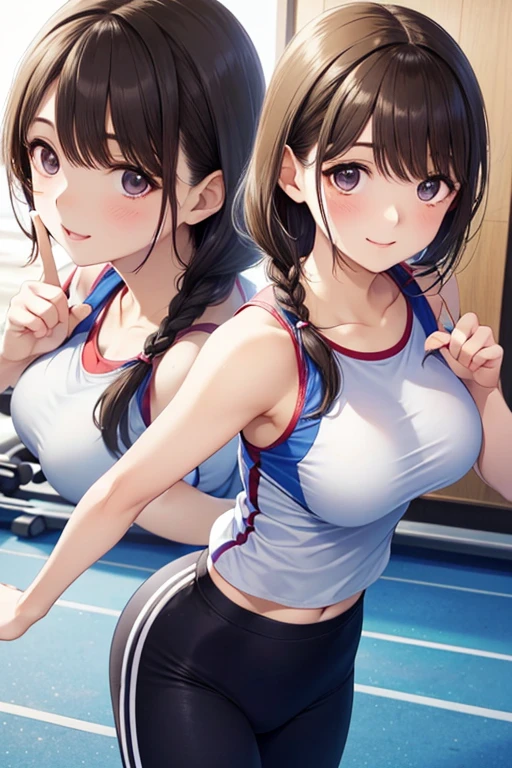(masterpiece, best quality), best resolution, (2heads:1.55), (2heads:1.55), (head tilt:1.2), 1girl, short light brown hair, hair between eyes, blue eyes, (side ponytail), (tank top), Athletic suit, runner, athletes, in japanese park, outside, ((sagisawa fumika)),