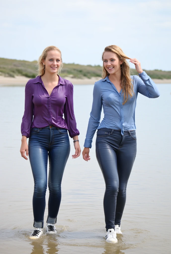 two women, jeans, black high heels, blonde hair, blue eyes, walking in the rain, wet shirt, wet blouse, white blouse, ankle boots, soaked hair, big smiles