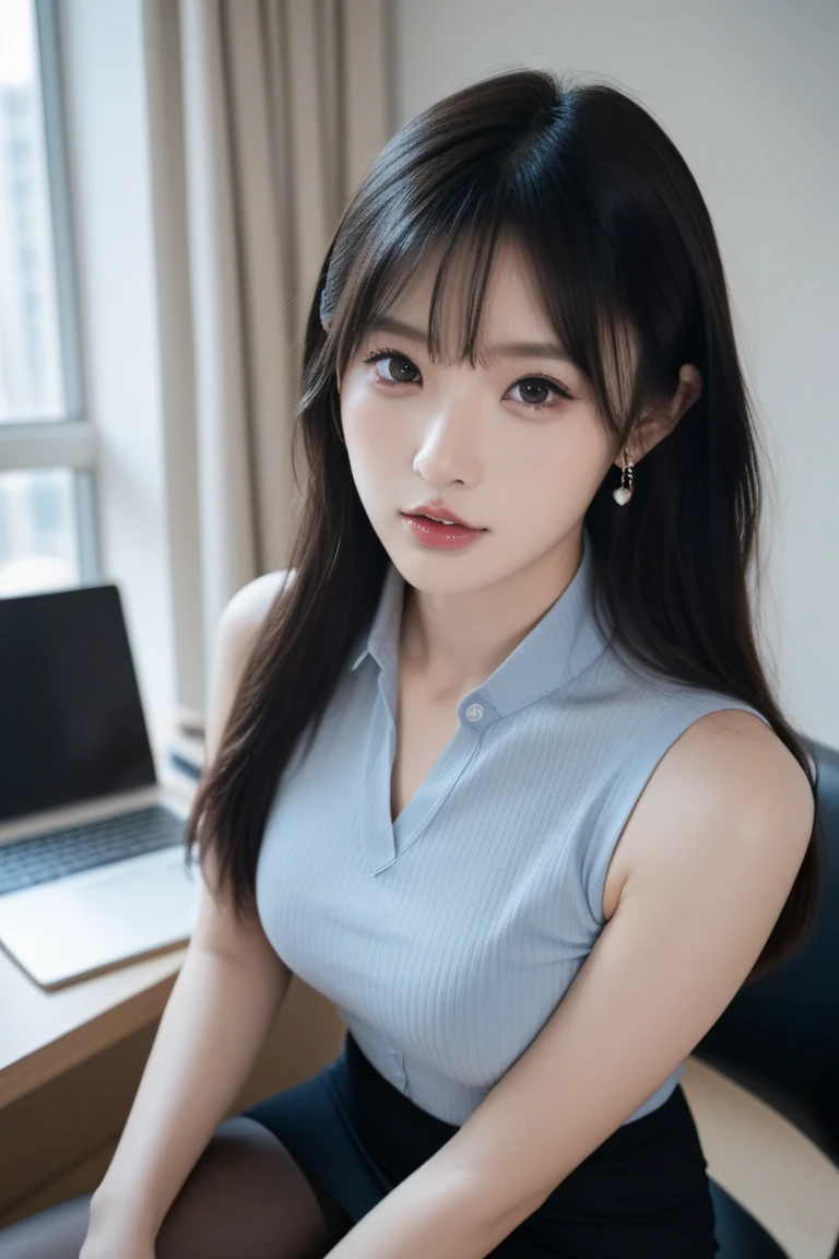 ((Highest quality, 8k, masterpiece :1.3)), whole body, Sharp focus :1.2, Beautiful teenage girl with perfect body :1.4, Slim Abs :1.1, ((Dark brown hair)), (((Large Breasts:1.2))), ((Nipples)), ((Open-collar shirt, Short pleated skirt, Are standing:1.2)), (Small Necklace), (Narrow waist), ((Wide Hips)), ((City view, office:1.3)), (Korean Makeup), Highly detailed face and skin texture, Detailed eyes, double eyelid