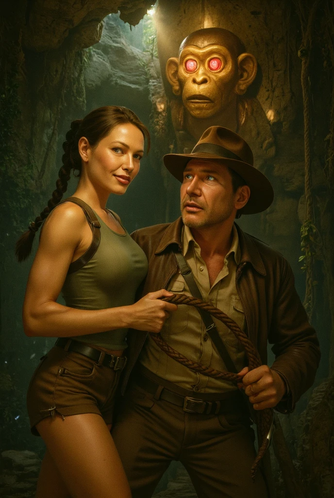Indiana Jones, an attractive American man with stubble and Marion Ravenwood, an attractive American woman with shoulder-length dark hair, back to back brandishing their tools, with dense jungle, hidden temple, background: : poster of an adventure film, Western man and American women