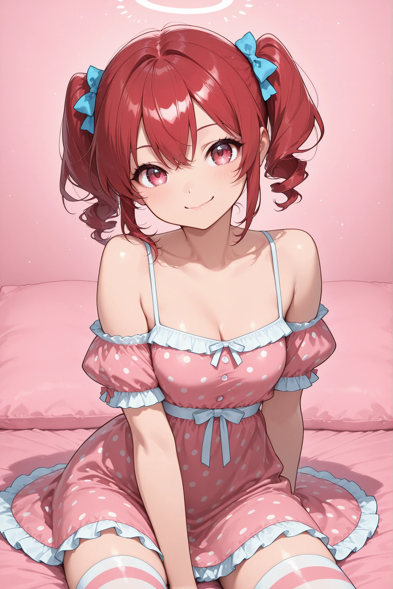 (masterpiece, best quality:1.2), solo, 1girl, femaleranma, smile, looking at viewer, blush , braided ponytail, white lingerie, vibrant colors, bedroom, legs spread wide open