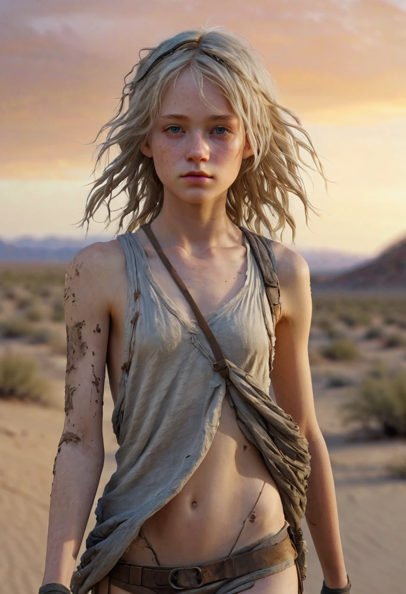 masterpiece, Half Body Shot, Transitioning desert landscape at sunset, Person walking alone, A beautiful young American girl, age 11、Appears dressed in beautiful post-apocalyptic nomad clothing, Very white skin, Light blonde hair, Blue-gray eyes, A few very light freckles, Lean runner's body, Very small breasts, Highly detailed face, Ultra-realistic faces, Very beautiful slim face, Beautiful face, Tired face, looks young, Very young, Young face, Post-apocalyptic clothing. Layers of tattered cloth, unconventional accessories, born存と回復のオーラ, 16K, Ultra-high resolution.Realistic, Ultra-high resolution, born, Digital SLR