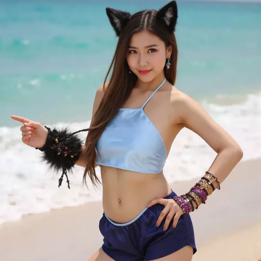 1 girl,light blue hair,cat ear,cat tail black,short skirt,tight shirt,white stocking,blue eyes,on beach, beautiful skies,