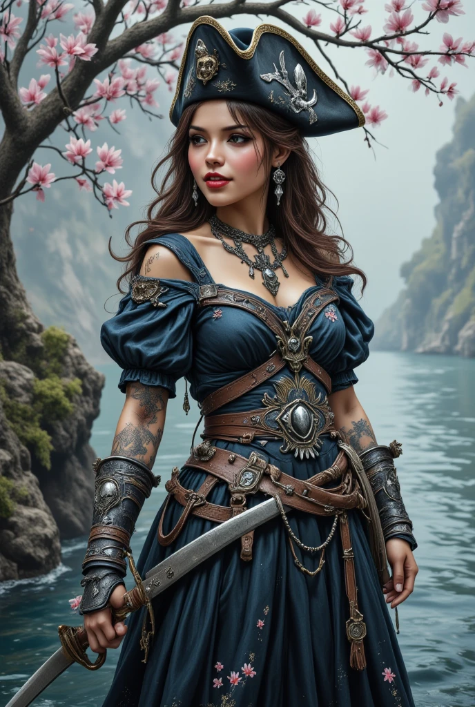 That has a background with a landscape behind , and in front there is a young and pretty girl who can only be seen from the waist up with dark blue hair, Brown eyes carefree look and a flirtatious smile that has a Steampunk style , and above there is a space 