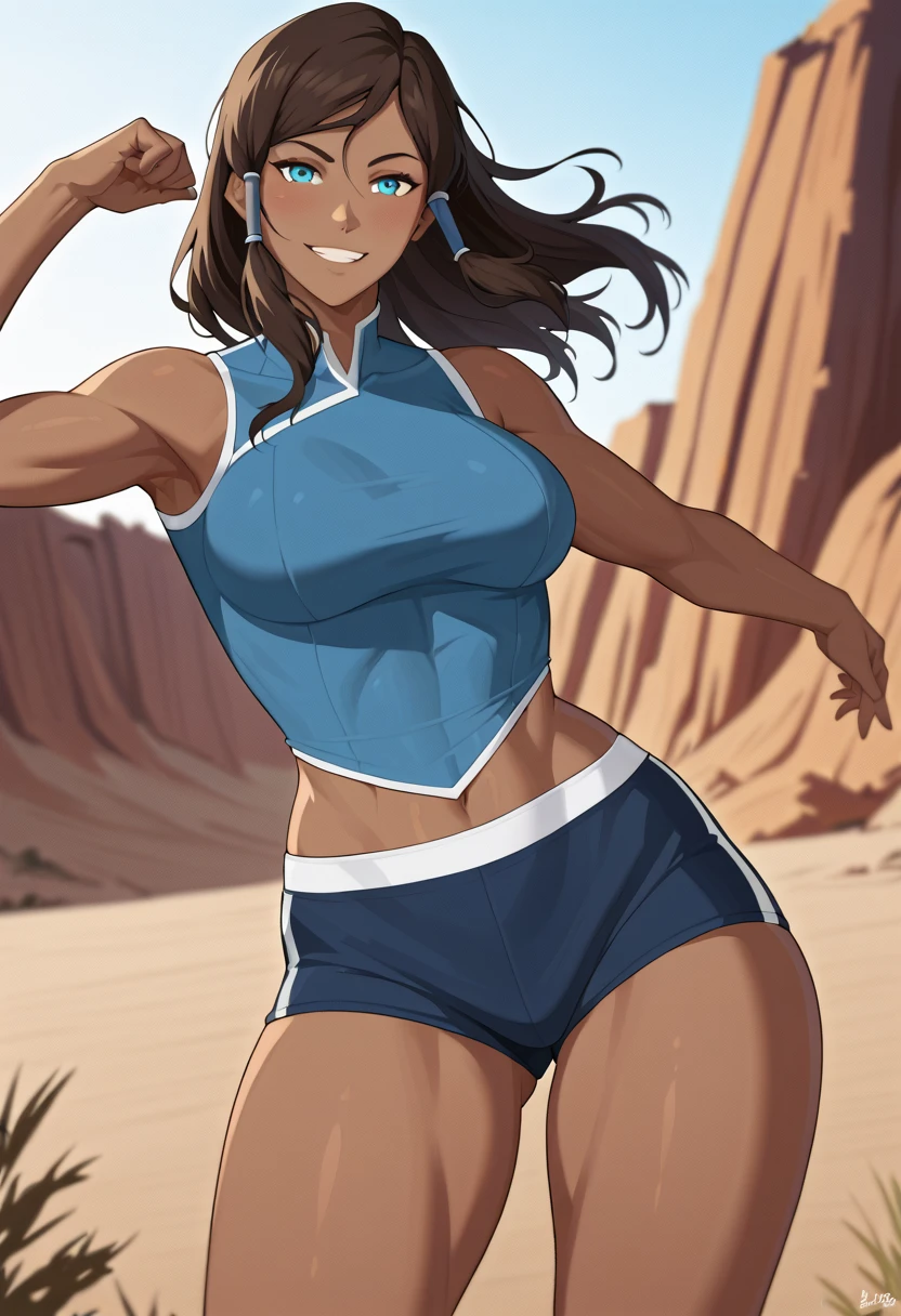 (Whole body:1.3) masterpiece, best quality, 1girl, korra, bright pale blue eyes, (deep chestnut brown skin:1.3), dark skin, toned arms , (strong shoulders), (toned thighs), thighs showing, midriff showing, smile,standing, arms behind head pose, snow field, surrounded by mystical fire ring, (small breasts:1.4)