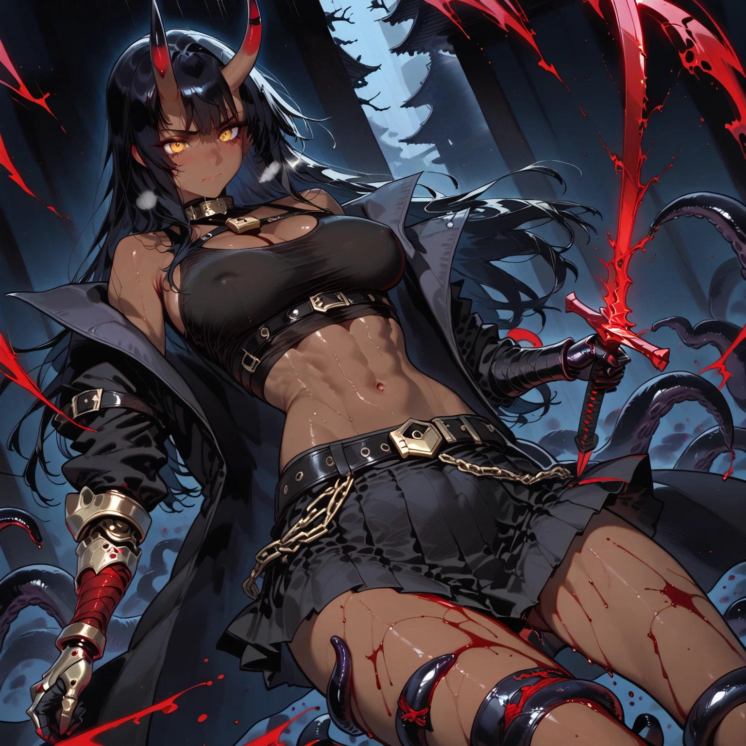 girl, rotting zombie warrior, evil look, sexi,  wielding a spear, medium saggy breasts, demonic panty armor, pubic hair, curvy hips, facepaint, bodypaint, glowing eyes, combat stance, vibrant appearance, creative sexual behavior, imaginative, sensual, spontaneous, highest quality, skin texture, intricate details, (cinematic lighting), RAW photo, 8k