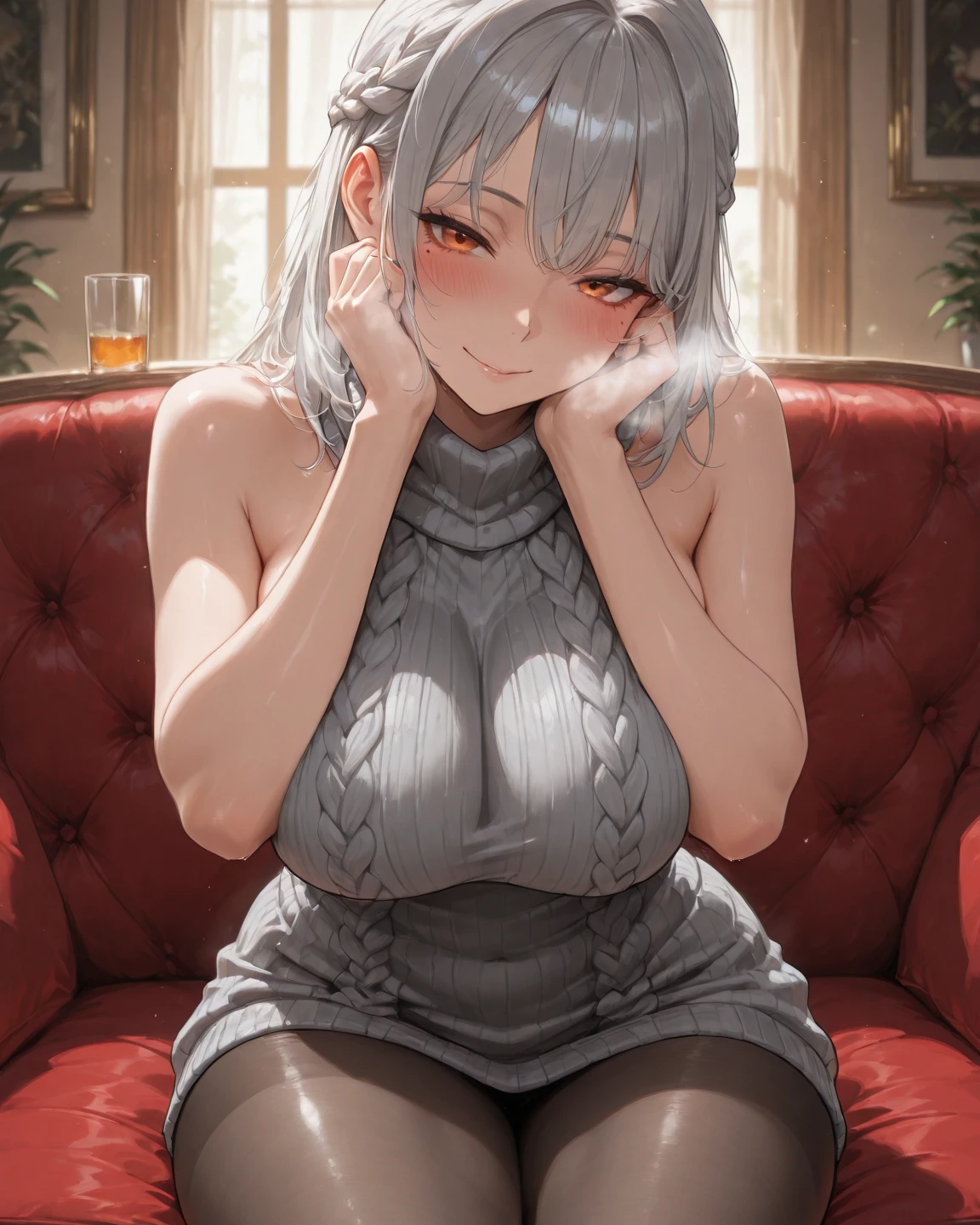 ((Highest quality)), ((masterpiece)), (detailed), One person,Age 25,(Black knit sweater),(mini skirt),Shoulder Bare,Big Breasts,blush,Underbust,(Her cleavage is visible),(Excited expression),(Seduce),night,indoor,Remains,nightのRemains,Dim lighting,(In a dimly lit room),(In a messy room),Browsing Caution,sexy,dirty,Sweat,(Black knee-high socks),(Hold your chest together with both hands),(Sticking out tongue),(A long ice cream sandwiched between her breasts),(The mouth becomes white and dirty)