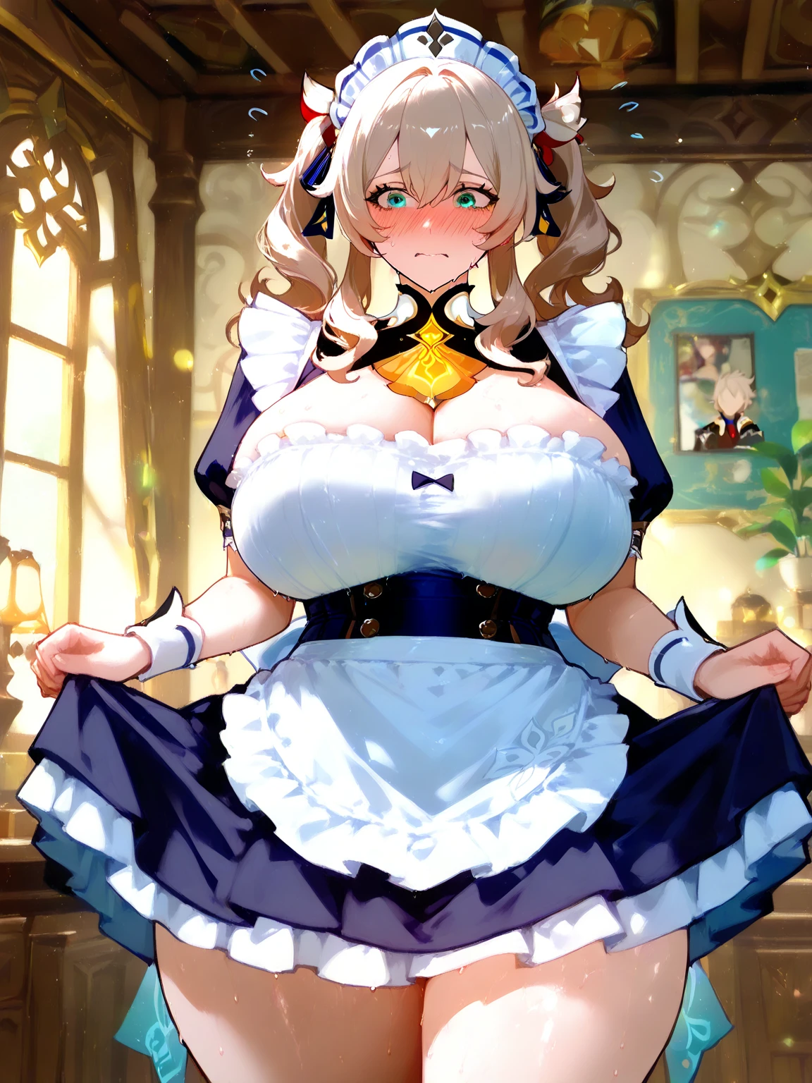 a beauty girl,Village girl,blonde with blue eyes,wearing apron,Countryside,zona rural,idyllic scenery,European Middle Ages,Toothy smile,Forehead,Forehead exposed,huge tit,Side breasts,耳Nipple Ring,Side waist slit,stocklings,mitts,((Side breasts)),Lace-up panties,pantiess,((huge tit)),(Pubic bone),(Hold your hands on your chest),(Elf Princess)