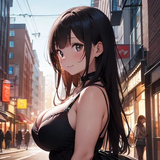 top view, girl, big boobs, cleavage, big hips, messy dark purple hair, orange eyes, balcony, leaning on the railing, sunset