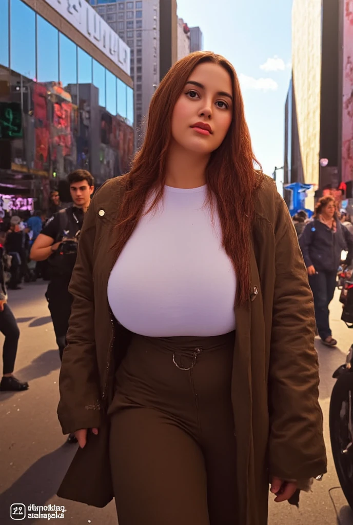 Mujer Araffe con un top blanco y pantalones rojos posando para una foto, Thicc, Figura completa hiperrealista, En el centro de Nueva York, hermosa hembra gruesa, en la ciudad, cuerpo grueso, gothic city streets behind her, Foto gigante de la diosa impresionante, La Madre Tierra de figura completa, Modelo atractivo de talla grande, Foto giganta muy detallada, De pie en Time Square parando un taxi, y un hombre observando de lejos