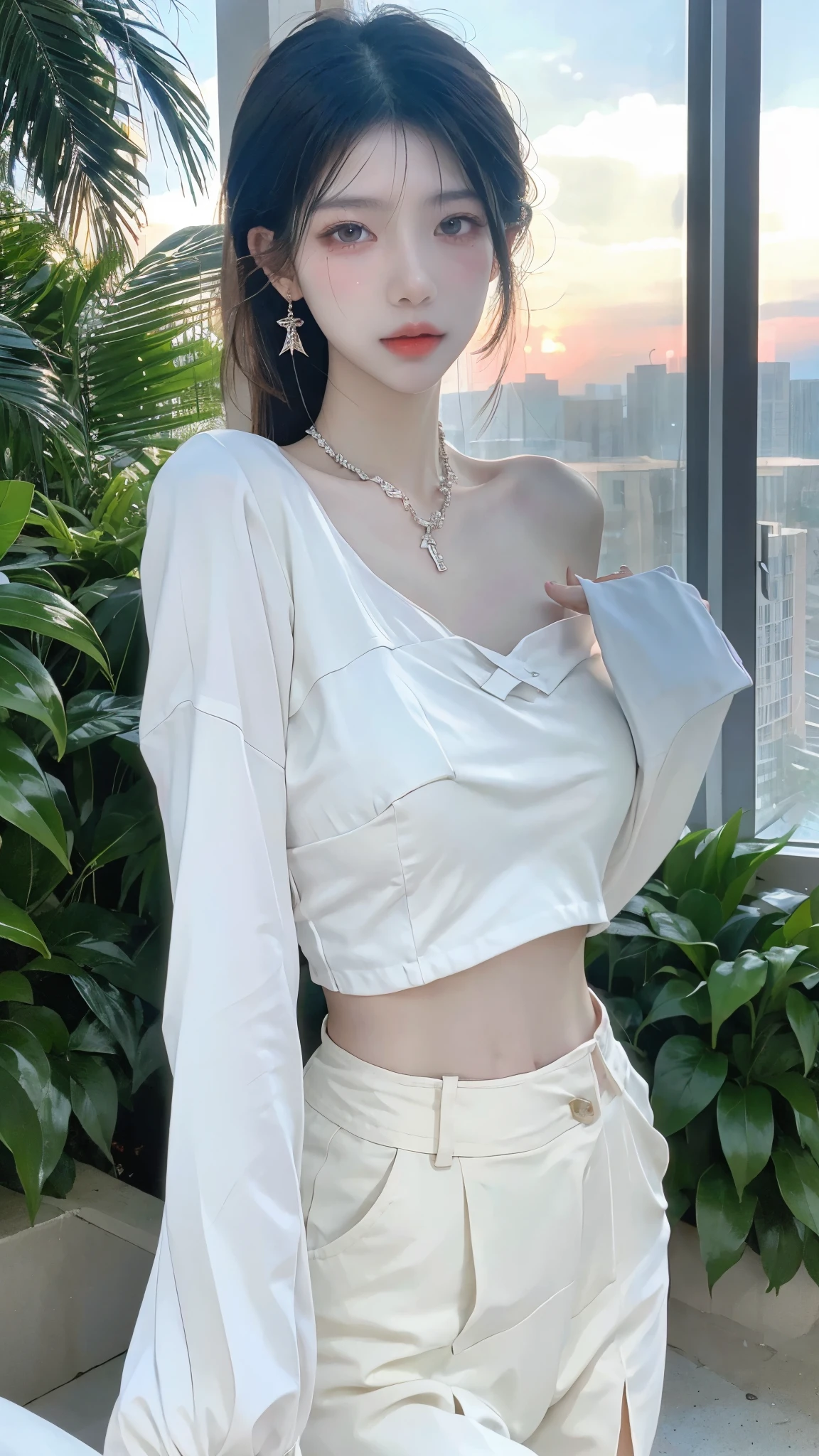 Beautiful woman with perfect figure：1.4，Layered hairstyle，White skin，Prominent cleavage，Bikini：1.5，Super short pleated skirt，whole body，Very delicate facial and skin texture，Double eyelids，Skin Whitening，Long white hair