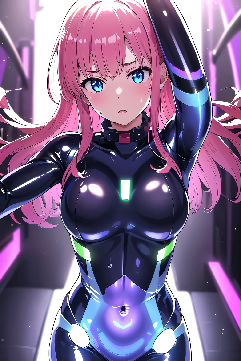 whole body, One girl, change, alone, Eye focus,Artfully crafted brilliance, Pink lens flare, Movie Background,colorful, Hyper Details, High resolution, Highly detailed eyes, mature, plump, Rainbow Painting Drops,(Supermodel:1.3), Made with paint, Completely painted, Splat, splash, indoor, (Bioluminescent hair:1.1),(Glowing Eyes),  ((compensate)), intense, Powerful, splashes of colour absolutely eye-catching, Dynamic Angle, Beautiful sparkle, Ambient Occlusion, Zhou Haoguang, ray tracing reflection, Retro Style, Living arcade characters, Arcade-style world, gloves, Jacket,arms, Shorts, black gloves, black Jacket, gun, Drill Hair, black Shorts, Wear glasses on your head, Bubble Blowing, chewing gum, (Cute face:1.3), 