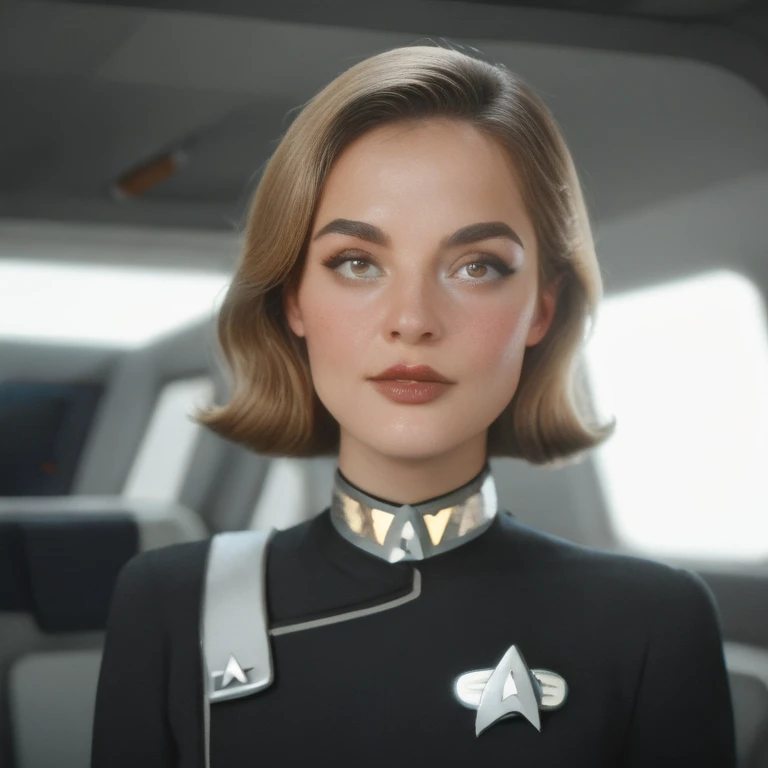 high resolution, hyper realistic, high quality, photo of gwen_stacy
wearing red s3stngunf sitting in captain's chair of enterprise s3stngunf uniform