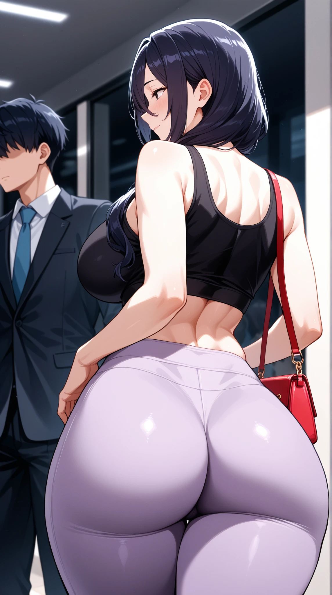 highest quality, High resolution, 1 girl, focus only, (big breasts:0.01), it is in it, black pants, blush, embarrassing,Reluctant, short hair, black hair, examination room, doctors around, round stool, sitting, black bra, back view, back, bra off, directly behind, underwear