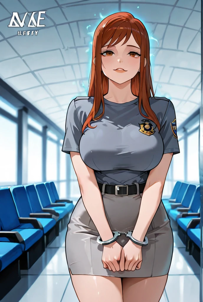 Long blonde hair, handcuffed, arrested, mature female, milf, huge breasts ,40 years old , mommy character, orange prison jumpsuit, prisoner, waist chain, restraints 