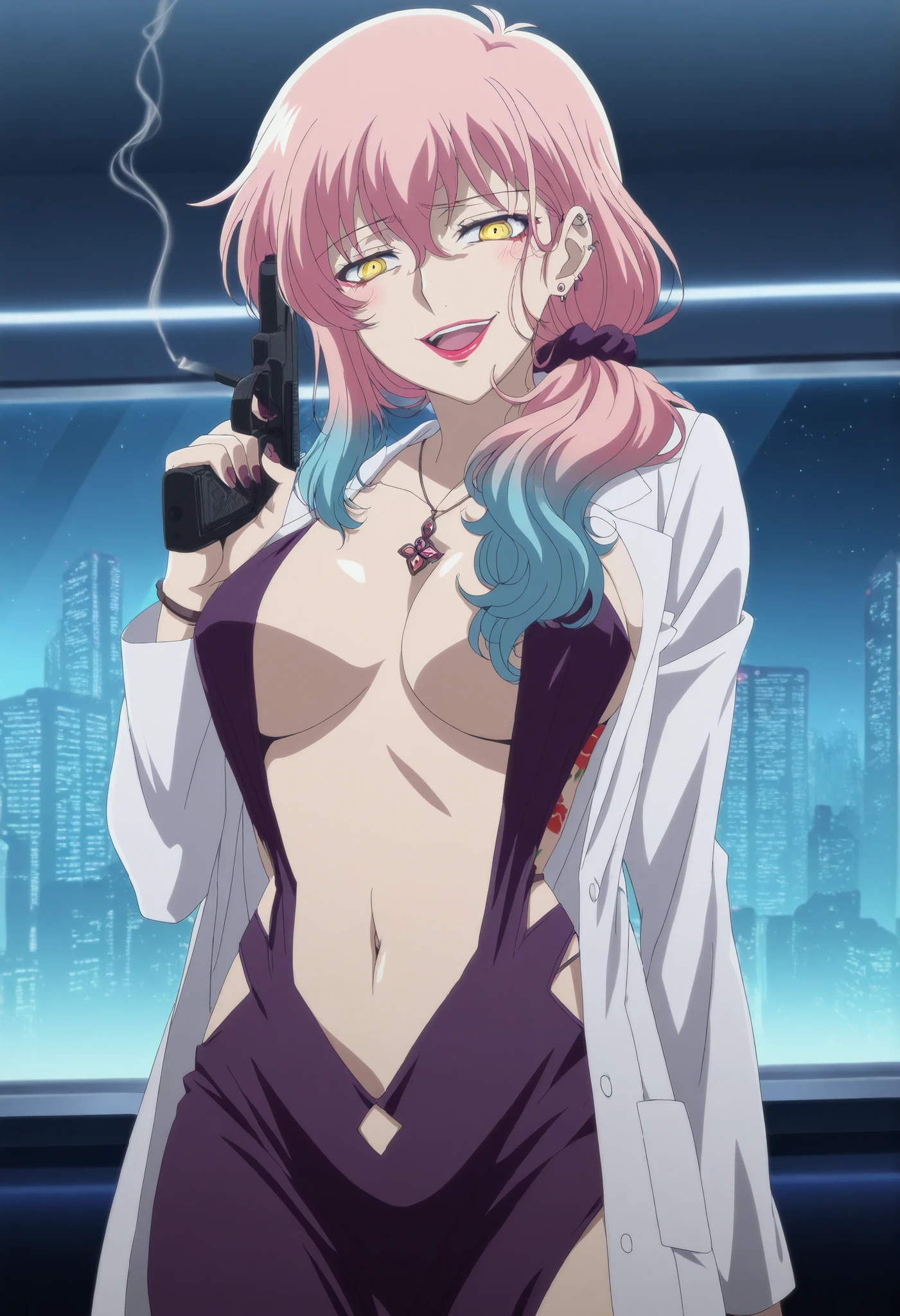 1girl, solo , source_anime, doctor, long hair, bangs, hair between eyes, yellow eyes, pink hair, makeup, lipstick, multicolored hair, gradient hair, scrunchie, blue hair,,  labcoat,, jewelry, necklace, nail polish, ear piercing, long hair, blush, lipstick,Hot girl, baddie, smoking, sensual, attractive, large breasts,  , cityscape, , nightclub, , city lights,,bar background, inside bar,indoors,masterpiece, best quality, highly detailed, a anime girls in long dress with navel cutout posing for a
picture, evil smile, smile, open mouth, (nsfw) not safe for work, revealing dress, beautiful dress center
opening , long dress with bellybutton showing, ecchi anime style, anime girls, ecchi style, ecchi, digital
anime art!!, in anime style, official artwork, visual novel cg, beautiful anime girl, anime style 4 k, exposed
navel, exposed bellybutton, jewelry, earrings, complex detailed background, casino environment, fancy
interior environment, rich interior, holding a gun, holding pistol, ,, dragon tattoo, tattoo midriff, narrowed eyes, shiny skin,,space, indoors, window, space, anipai_style , anime screencap , anime coloring,