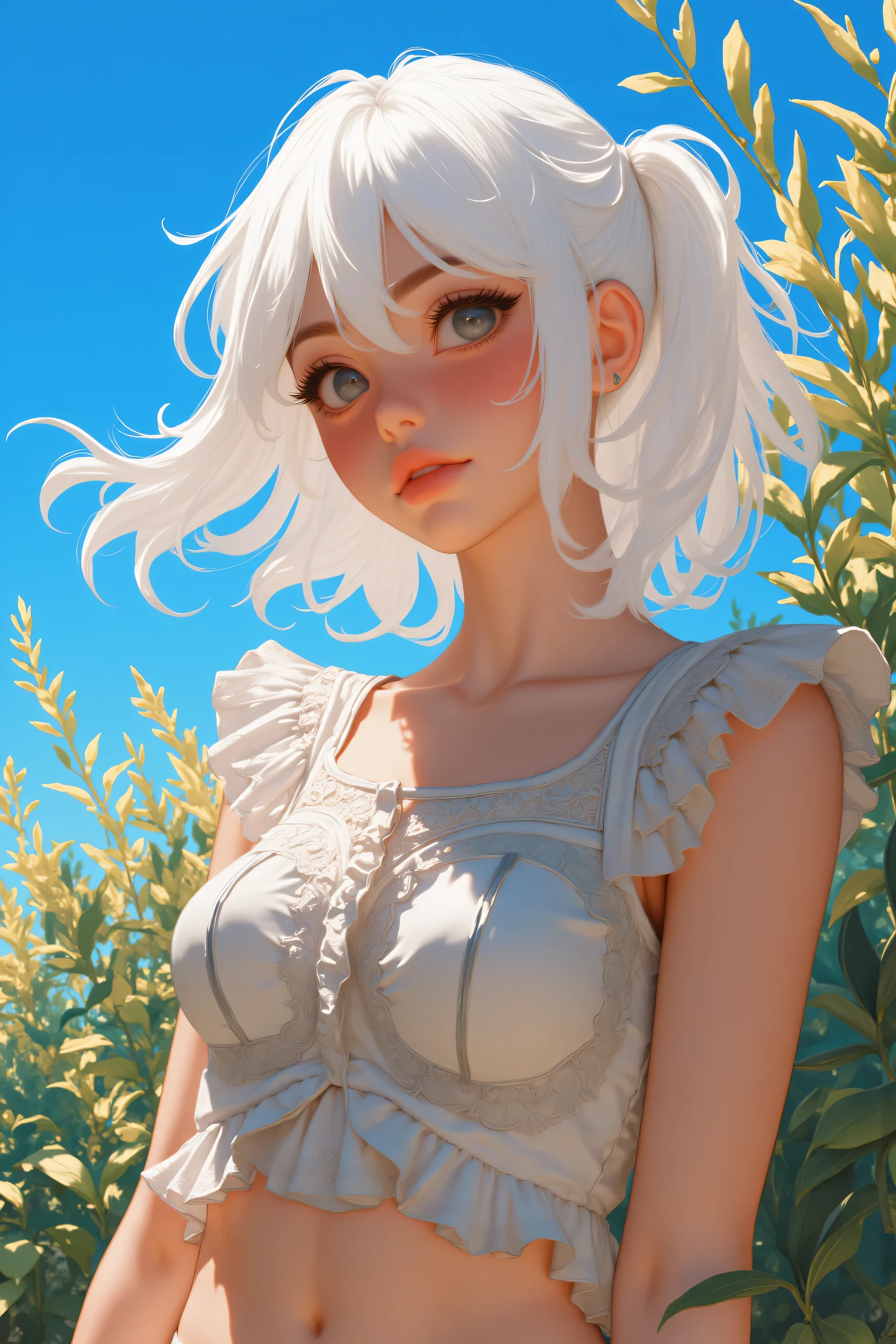 hips, hips-up photo, hyper-detailed, detailed clothing, detailed foreground, RAW photo, detailed foreground, detailed clothing, detailed lighting, anatomically correct, causcasian female, whisper innocent eyes
A hyperrealism of a woman, doll like, she stands next to foliage and plants, bright blue sky, her beautiful white hair blowing in the wind, Her eyes sparkle with a mixture of curiosity and wonder, while her pink lips glisten with subtle highlights. Her top features delicate textures that are intricately detailed, contrasting beautifully with the other colors. The background is alive, creating a magical, ethereal ambiance, semi-realism anime style,