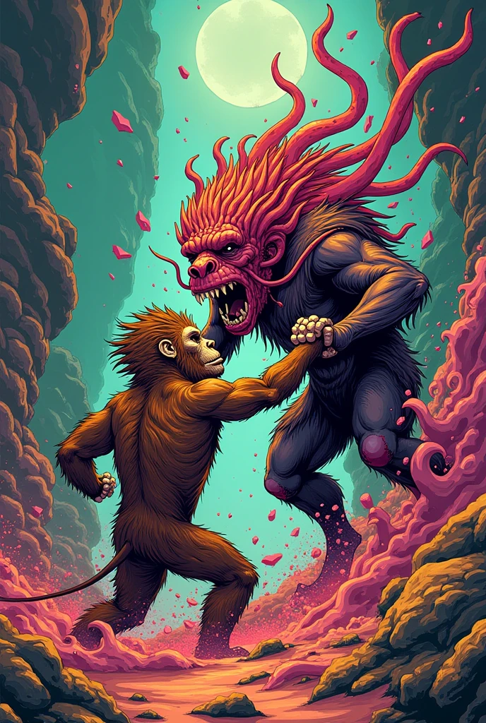 ((( "A monster, in a battle, with a wild angy creature."))) , in the strret, propaganda Poster, poster, Poster design, poster art style. 1970s, 1950s, 1960s, basic colour scheme, Very colourful poster, colour art, thirds rule, inspiring, left side shot, fight, ( michael whelan and tomer hanuka, oni, josan gonzales and dan mumford, geoff darrow, epic full color illustration, by Josan Gonzalez, by Victor Mosquera, bob larkin and tomer hanuka, josan gonzales, by Tim Biskup, greg rutkowski and krenz cushart)