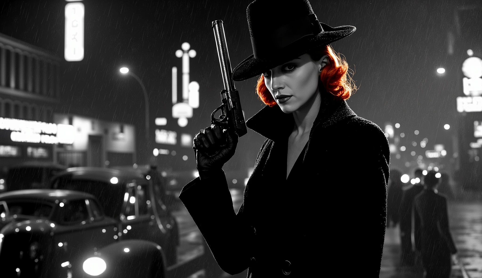 "A BLACK AND WHITE 1940S FILM NOIR STYLE scene, Ultra-realistic scene of an urban street at night, anos 40, estilo noir, A RAINY NIGHT ON A SMOKY STREET, STUNNING WOMAN WITH RED HAIR HIDDEN BY A LONG-BRIMMED CHAPEL FEDORA, estilo noir, ((1:2 holding a pistol)). She wears an elegant black overcoat with a raised collar, and her face is partially illuminated by car headlights and a neon sign, highlighting glamorous features and cold eyes. The rain pours down her face, but she remains impassive. Ao fundo, the detective is fallen, desfocado, while pools of water reflect neon. The atmosphere is fatal."