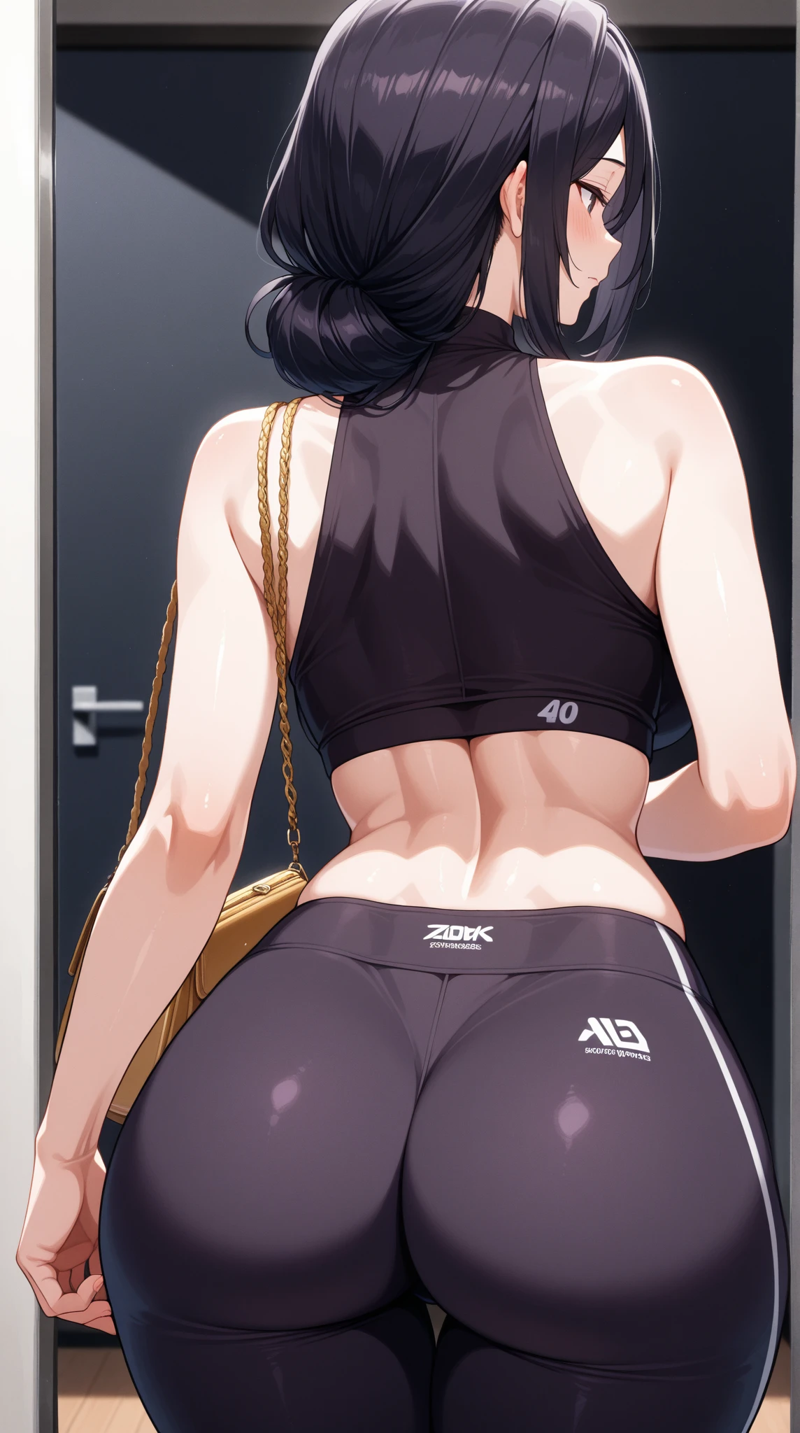 ((1boy)), big sharp wolf ears, large fluffy wolf tail, black short messy hair, black hoodie, booty shorts, vibrant amber eyes, black thigh highs, masterpiece, good quality, smug, slightly nsfw, has a big butt and big thighs, living room setting, teasing, seductive, toned abs, feminine boy, bent over, heart eyes