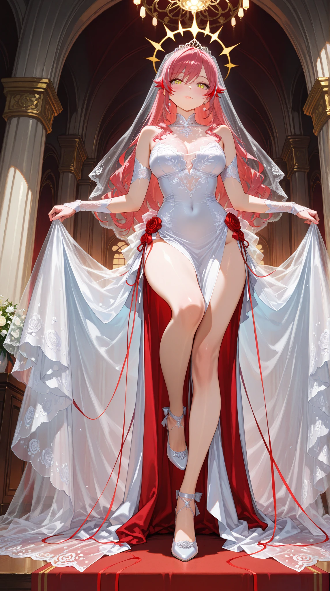 full-body close-up, create an elegant atmosphere), white short skirt, white hair shawl, graceful flowing, elegant movements, lustful smirking smile expression (red blush), floating in the air, (1girl), slim figure)