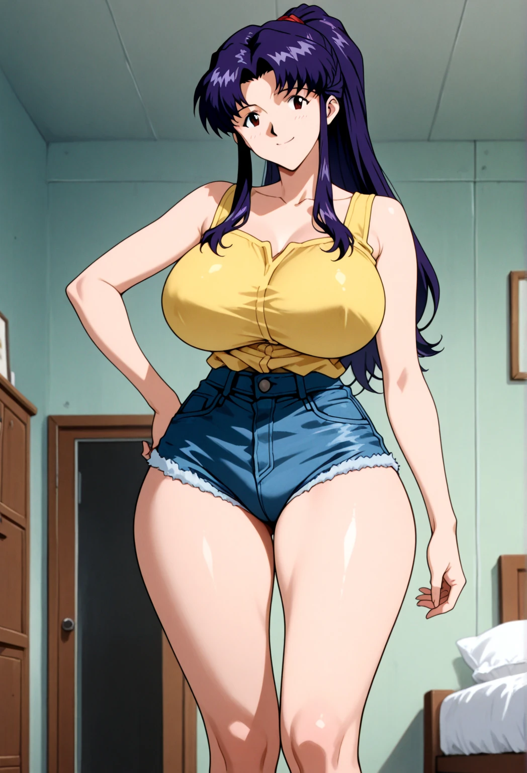 masterpiece, best quality, 1 Girl, Solitary, ether, Laboratory work clothes, Off-shoulder, sleeveless tops, tie, torn pantyhose, shorts, test tube, Kneel down, sitting, Semen, Put your hands behind your head, Huge breasts(Mature female , Large Breasts,Sagging breasts、Cleavage, cleveage、Thick thighs, Wide hips, Curvy beauty, Perfect body，)