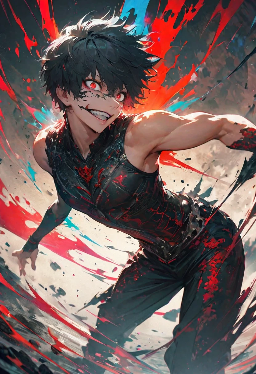 One, beautiful, 1 man, with a sporty body, V-shaped body, black-bard suit with bloody elements, red veins on the arm, bloody details, model hair, short hair, black hair, blood red eyes, neon eyes, red threads, black light