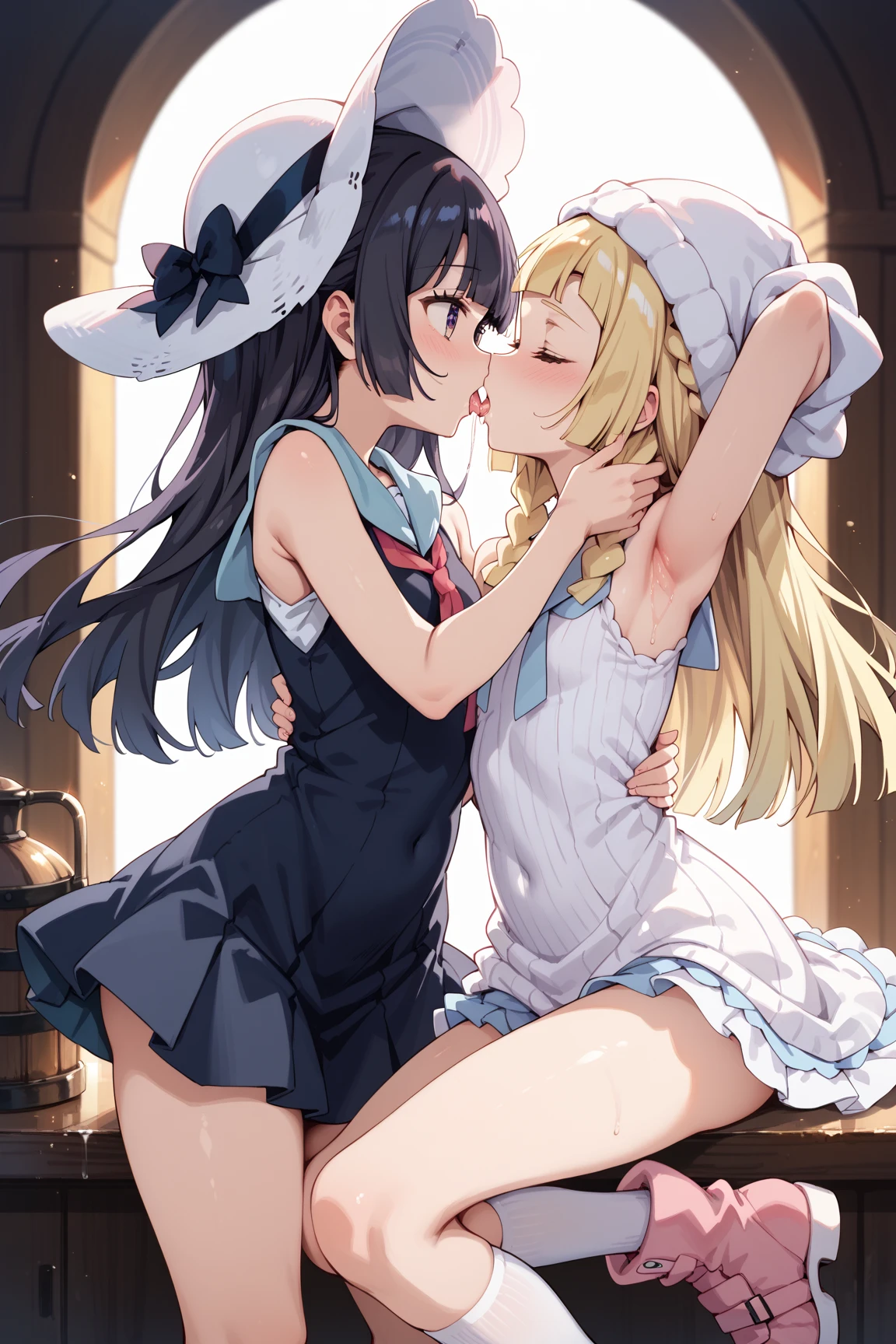 Reimu　博麗の巫female　female　Black Hair　Marisa is characterized by her red ribbon　魔female　female　Blonde　Sexy girl wearing a black hat　Sex　Masturbating pussy dripping with love juice and wanting a dick