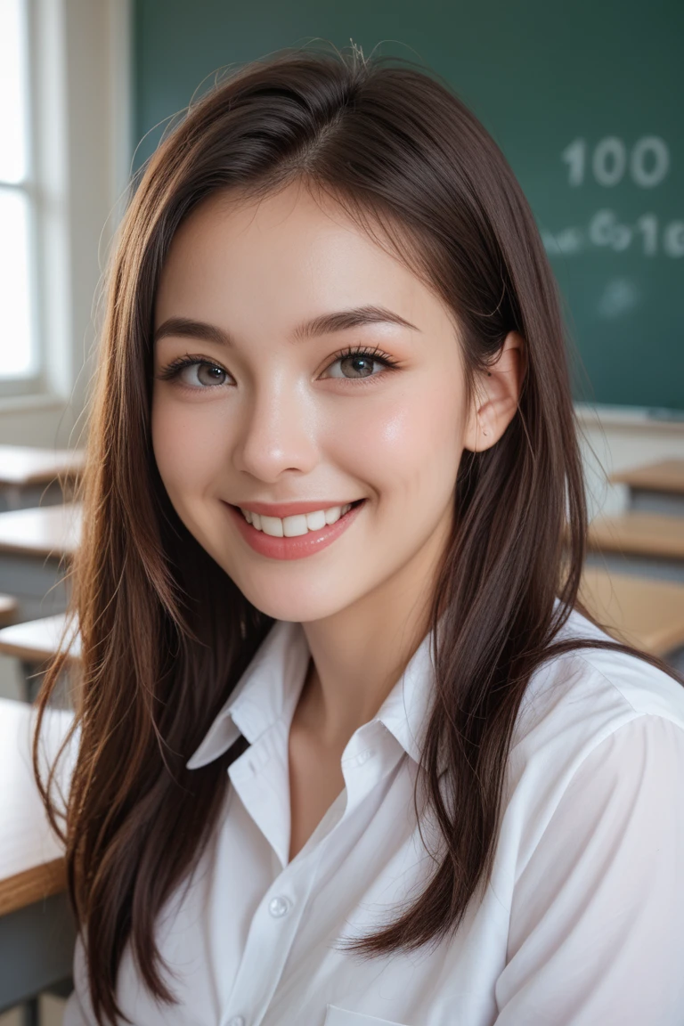 girl 1 person, beautiful face, 18 years old, smiling, looking viewer, school uniform, red tie, uniform, big, photo, realistic, best quality, adopted, detailed face, classroom, detailed background, diffuse lighting, depth of field, bokeh