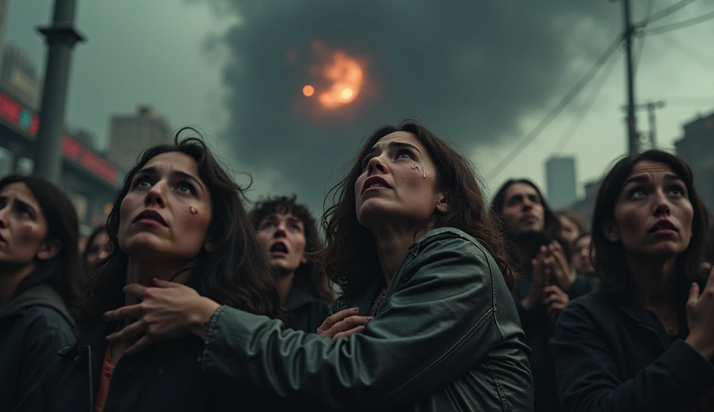 2024; (masterpiece, best quality) destroyed city (new York)scared 1people looking up(close-up); bombs falling from the sky; bombs exploding.