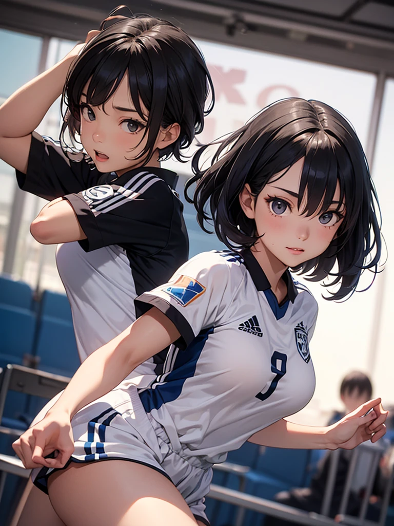 (Cute eyes:1.2), (Sparkling eyes:1.2),(Beautiful Eyes:1.2), Highest quality,wonderful,finely,Highly detailed CG Unity 8k wallpaper, (The three of them lined up and hugged:1.3),(Caressing the pussy:1.5),(Three people with different heights:1.5), (Three Girls, Volleyball Player, Skinny body, Dressed), (Huge breasts), (Open your mouth:1.1),(Black knee socks:1.3),(Thighs:1.3),(Waistline:1.2),(Matching white volleyball uniforms:1.2),(From behind:1.2),(Beautiful eyes:1.2),(Different hairstyle),(Seniors and Juniors:1.3),(All three have different eye colors:1.5),(All three have different skin colors:1.5),(Thighsまで隠れるニーソックス:1.2),(Very short pants:1.3),Upper Body,(Players' Dressing Room:1.3),(Japanese Representative:1.3)