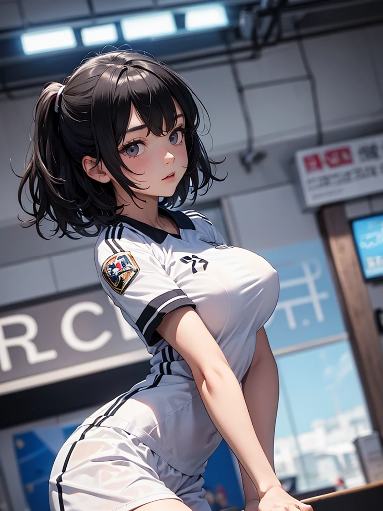 Masterpiece: 1.2, best quality), realistic, (real picture, rich details details, depth of field), (1girl, solo), makeup, cleft lip, high detail, perfect face shape, (skindentation), thick thighs, wide hips, thin waist, tall, coral, red lip, red eyes, ponytail, (((((girl playing football, white soccer suit)))), (sweat: 1.2), (wet), sexy, blushing, sweaty, medium chest,