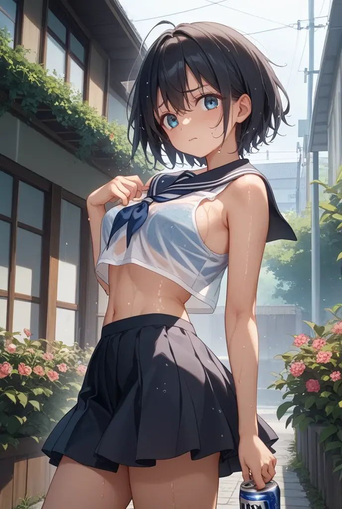 ((masterpiece,Highest quality;1.3,Best illustrations)), ((get wet:1.5)), (Raise your arms, Please show me your armpits:1.3), (Beautiful breasts, Large Breasts), Cowboy Shot,1 Girl、10-year-old girl、alone,((very small head:1.5)),Black Hair, Bobcut, Open forehead, short hair, Brown eyes,Gorgeous eyes,blush,((Very long body:1.3)),((Toned body,Slender body,skinny)),Glowing Skin,Shiny skin,Oily skin,(Soaked in the rain、camisole、Micro Shorts)、Carrying a black backpack、heavy rain、rain、on the road,Tokyo,
