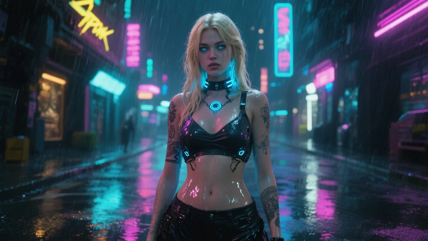 a video game concept art of a young busty blond woman in a cyberpunk city, Blade Runner style, raining and neon