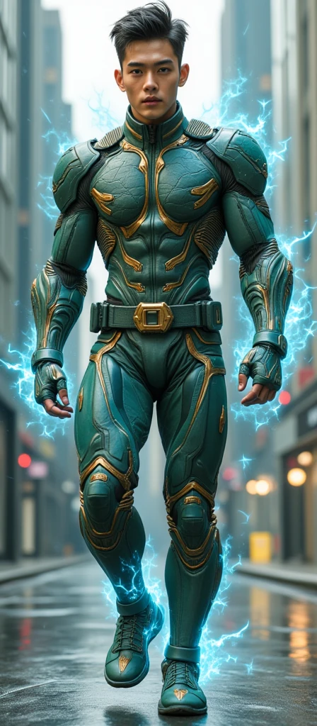 detalhado, Homem-Aranha com Traje de Cor: azul, amarelo e verde, Futuristic and Technological Detail Costume, Fundo(scenecy) Cidade(Buildings).