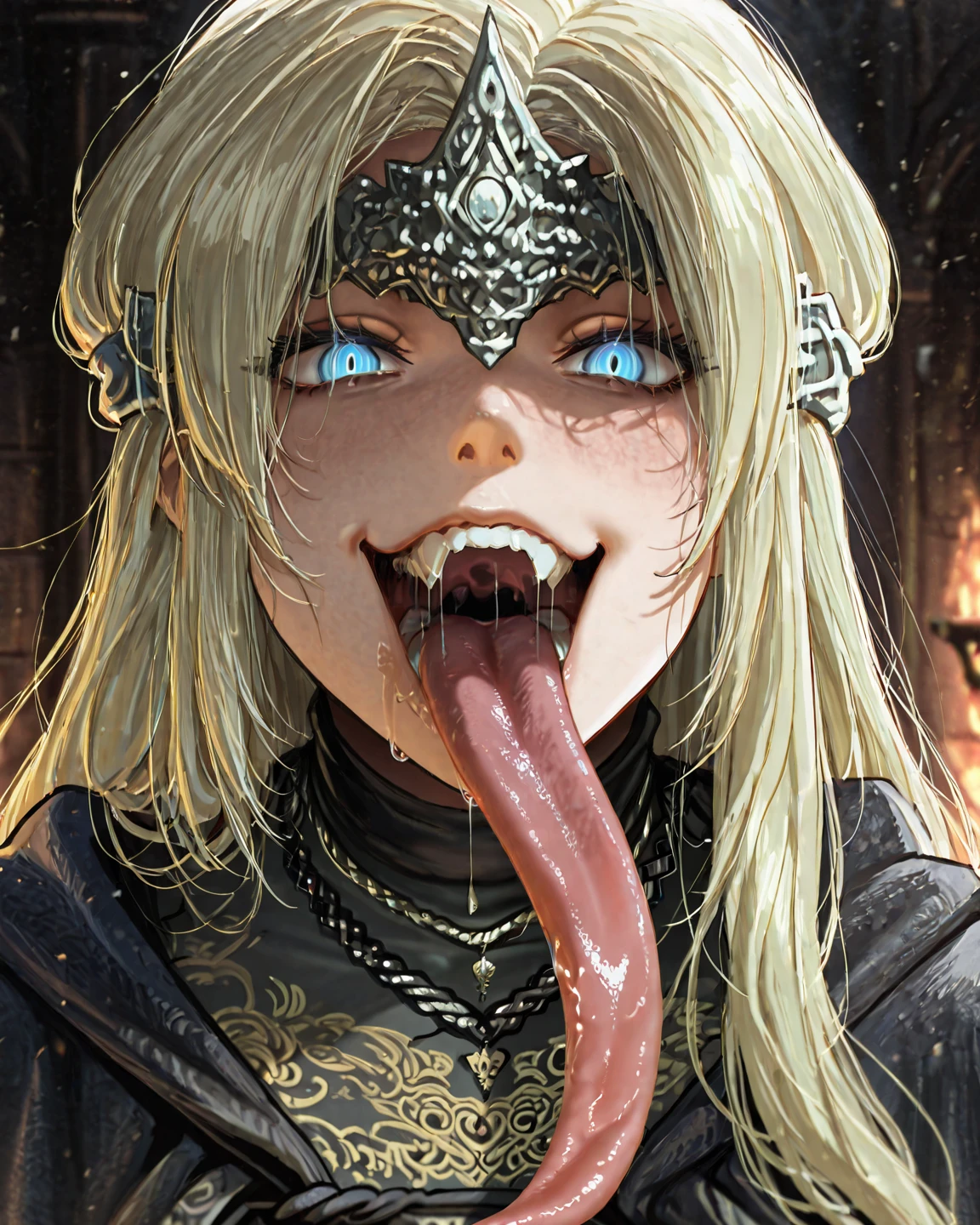score_9, score_8_up, score_7_up, source_anime BREAK 1girl, solo, jainapost, multicolored hair, white hair, yellow hair, single braid, chest strap, cleavage, armor, corset, blue cape, gauntlets, long sleeves, blush, open mouth, big mouth, tongue, tongue out, close up, saliva, uvula, uvula, room, mouth focus, excessive saliva, giantess, room,
