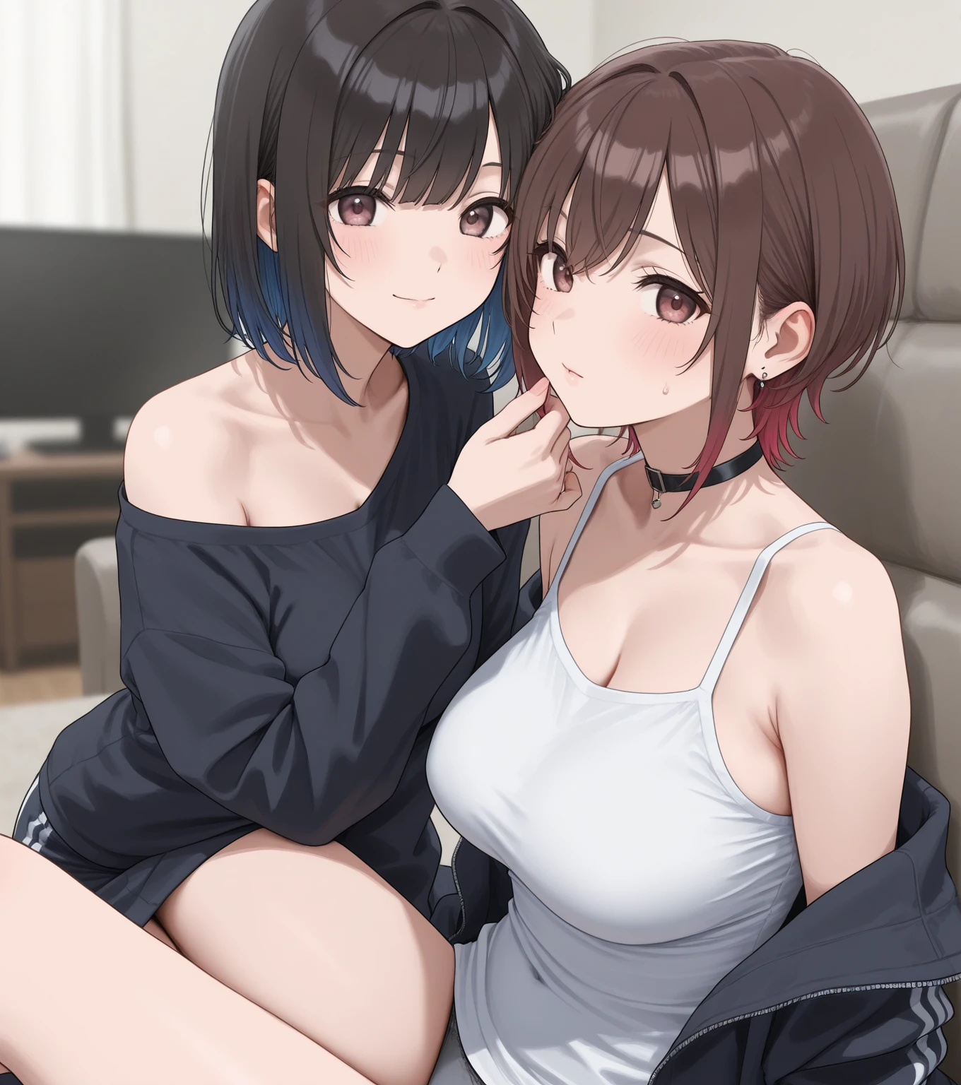 in 8K、top-quality、masterpiece、ultra-detailliert、Ultra-high resolution、2 girls in、Medium chest、with round face、dark brown hair、Hair luster、Tear bag、二重まぶた、long eyelashes、drooing eyes、makeup、eyeshadows、fullnude、nighttime scene、pink curtain、poneyTail、Lesbian sex、perspiring、opening legs widely、Sex Toy Inserts、Love juice