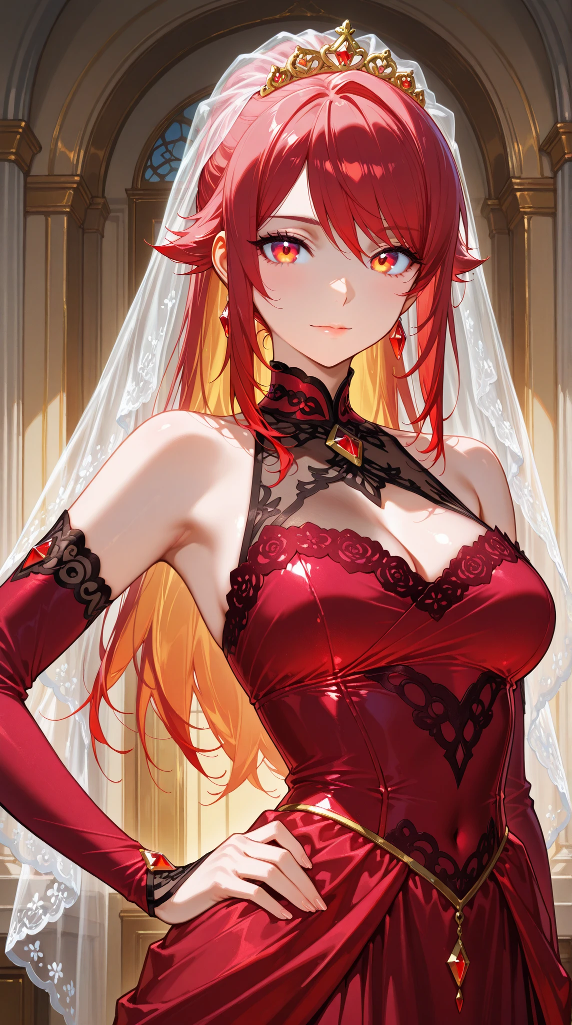slender, mature female, 1girl, rating:safe, gloves, breasts, earrings, elbow_gloves, dress, long_hair, jewelry, flower, red_hair, solo, black_gloves, rose, cleavage, red_eyes, smile, looking_at_viewer, red_flower, red_rose, navel, large_breasts, black_dress, indoors, bare_shoulders, navel_cutout, very_long_hair, veil, light_particles, red_dress, bangs, eyebrows_visible_through_hair, blush, center_opening, sleeveless, blurry, hair_flower, closed_mouth, hair_ornament, sleeveless_dress, lace, petals, hand_up, hair_between_eyes, standing, black_rose, black_flower, brooch, rose_print, light_rays, depth_of_field, necklace