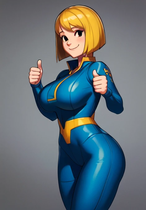 <lora:vault-girl:0.8>, vault-girl, 1girl, solo, smile, standing, full body, shoes, pants, grin, hand on hip, bodysuit, blue bodysuit