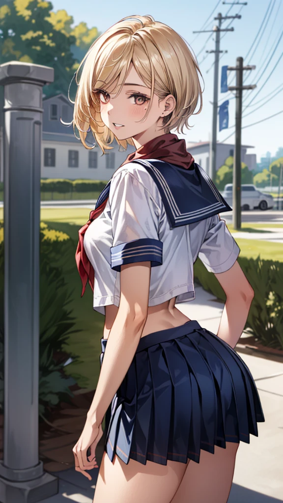 (((medium breasts))), ((best quality)), ((masterpiece)), ((detailed)), (((perfect face))), ((((slender teengirl walking)))), (((((topless))))), (((French braid))), (((dark blue pleated skirt from waist to thighs))), ((shy:1.3)), ((blushing:1.5)), ((skinny thighs)), ((skinny hips)), (((bare arms))), (((bare shoulders))), (((bare stomach))), ((((girl looking away)))), (((city in background))), (((blonde hair)))