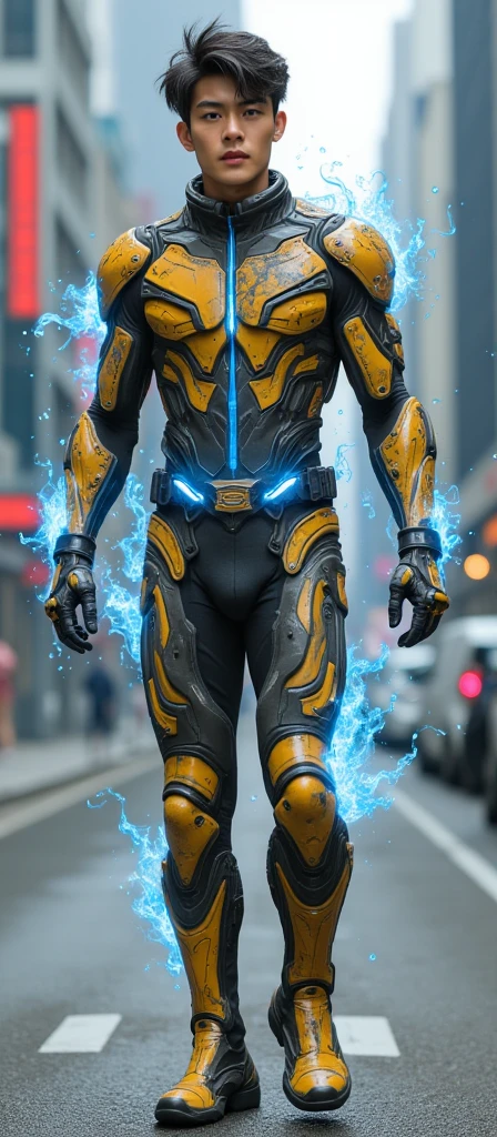 Personagem, cobra oxyuranus, taipan do interior, superhero, olhando para o horizonte, arsenal futurista de guerra, deep down it is the basis of the agency, use of black and yellow colors, with gradients, military elements and with the rank of captain, identidade militar futurista e com elementos do animal, estilo kamen rider