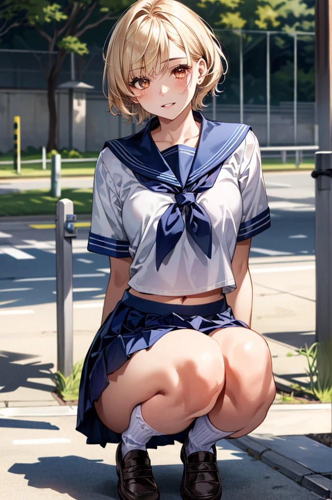 masterpiece, best quality, highres, us1, purple eyes, school uniform, blue skirt, neckerchief, white socks, pleated skirt, long sleeves, white shirt, blue sailor collar, (panties:1.1),white panties,lace panties,best quality, ultra high res, high resolution, 8k resolution, wallpaper, in a park, solo, extremely detailed smooth thigh and panties, extremely detailed beautiful face and eyes, extremely detailed clothes, mature, cute face, elegant, neat and clean, (blush, embarrassed expression:1.1), shy and faint smile, puffy lips, white sexy panties, (sitting on grass, closed knees, lean back, pull knees closer to body:1.2), looking at viewer, full body shot, (shot from diagonally front:1.3)