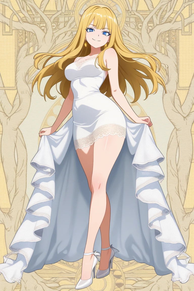 full body of blonde scandinavian goddess, face of elsa hosk, huge breasts, white silk dress with deep cleavage, bare feet, amber necklace, light blue eyes, golden blonde wavy hair, red lips, seductive gaze, volumetric lighting, realistic, meadow background, thick thighs, muscular body, jewelry, realistic, raw, analog, woman, photorealistic, analog, realism
