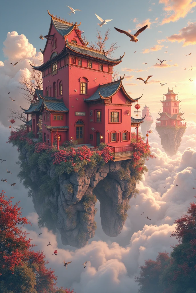 colours (fanciful: 1.2), ( Traditional Chinese Style ), ( Irregular Red Buildings Floating in the Clouds), Patchwork cottage , floral decorations , lamp lights, Andreas Rocha style conceptual art, Artstation Contest Winners , fanciful art, ( Castle in the Sky ), Chen Luo, Axis , Realistic Lighting, masterpiece, high high quality, beautiful graphics , High detail , masterpiece, high high quality, beautiful graphics , High detail , , ( Seabirds Flying in the Sky )