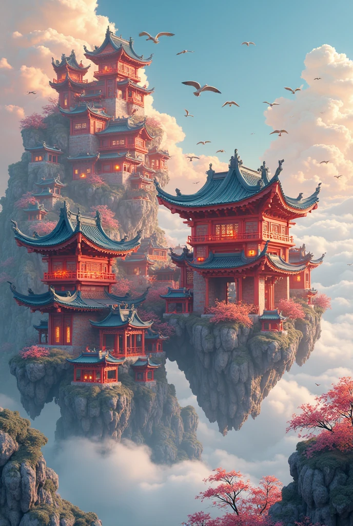colours (fanciful: 1.2), ( Traditional Chinese Style ), ( Irregular Red Buildings Floating in the Clouds), Patchwork cottage , floral decorations , lamp lights, Andreas Rocha style conceptual art, Artstation Contest Winners , fanciful art, ( Castle in the Sky ), Chen Luo, Axis , Realistic Lighting, masterpiece, high high quality, beautiful graphics , High detail , masterpiece, high high quality, beautiful graphics , High detail , , ( Seabirds Flying in the Sky )