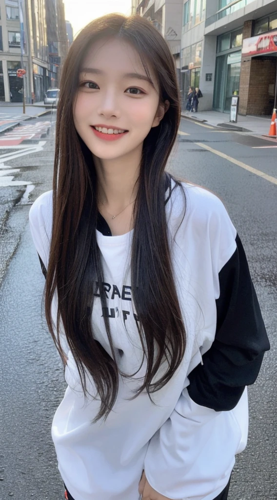 ((best quality, 8 thousand, masterpiece:1.3)), focal point: 1.2, beautiful woman with perfect : 1.4, glute: 1.2, ((Layered Hair Style, : 1.2)), (wetclothes: 1.1), (rained, the street:1.3), bandeau: 1.1, Highly detailed facial and skin textures, pretty eyes, 二重まぶた, Whitening Skin, long hair, (shut up: 1.3), Smile