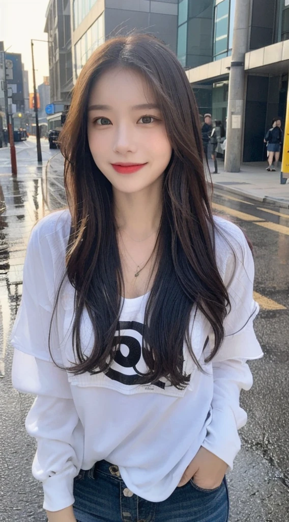 ((best quality, 8 thousand, masterpiece:1.3)), focal point: 1.2, beautiful woman with perfect : 1.4, glute: 1.2, ((Layered Hair Style, : 1.2)), (wetclothes: 1.1), (rained, the street:1.3), bandeau: 1.1, Highly detailed facial and skin textures, pretty eyes, 二重まぶた, Whitening Skin, long hair, (shut up: 1.3), Smile